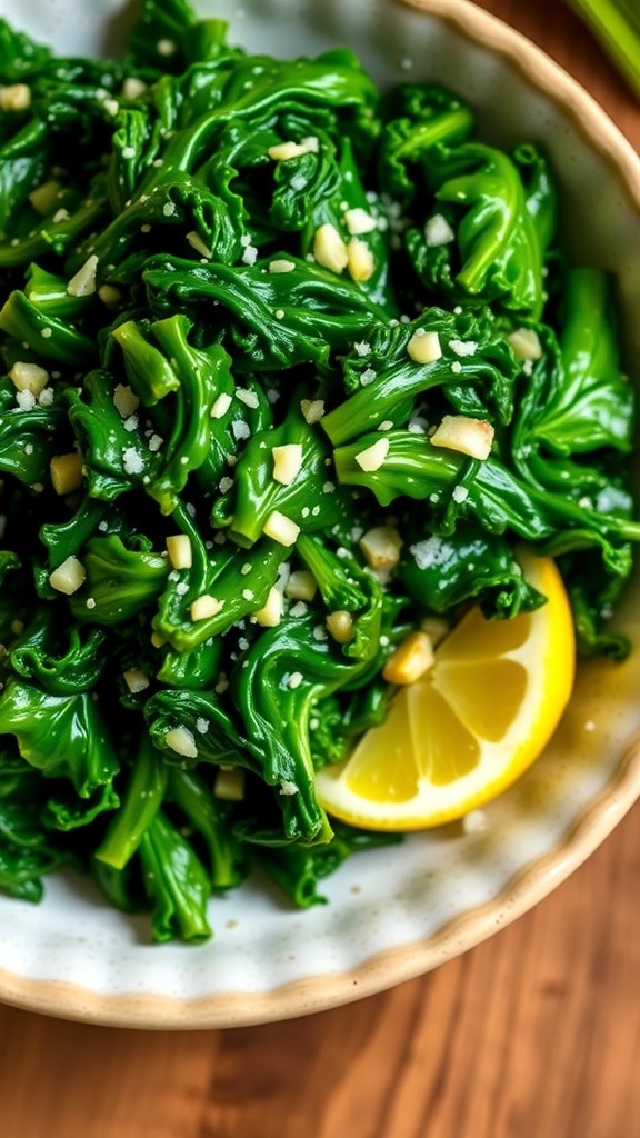 A bowl of sautéed kale with garlic, garnished with lemon, on a rustic wooden table.